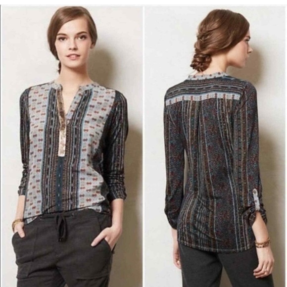 Anthropologie Tiny Devas Aztec Printed Sequin Peasant Top M - Picture 1 of 6